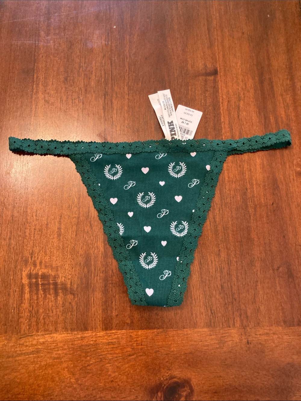 PINK Victoria's Secret Green Lace-Trim Heart Print Kids Thong